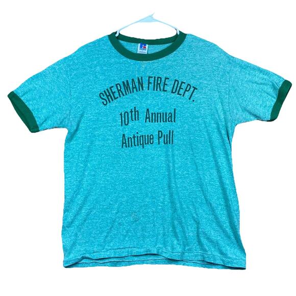 Vintage 80s Russell Athletic Sherman Fire Dept Ringer T Shirt Made USA L Green - Picture 1 of 8